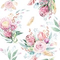 Hand drawing watercolor floral pattern with protea rose, leaves, branches and flowers. Bohemian seamless gold pink