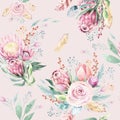 Hand drawing watercolor floral pattern with protea rose, leaves, branches and flowers. Bohemian seamless gold pink Royalty Free Stock Photo