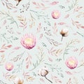 Hand drawing seamless watercolor floral patterns with protea rose, leaves, branches and flowers. Bohemian gold pink Royalty Free Stock Photo