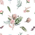 Hand drawing seamless watercolor floral patterns with protea rose Royalty Free Stock Photo