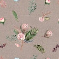 seamless watercolor protea pattern with tropical leaves Royalty Free Stock Photo