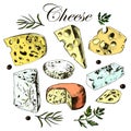 Hand drawing set with different cheeses