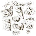 Hand drawing set with different cheeses