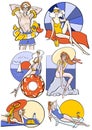 Set of illustrations pack characters cartoon fashion style on the theme of holidays seaside holidays women sunbathing swimming