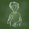 Hand drawing Sick Man on Green board -Vector illustration