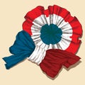 Hand drawing, sketch. badge and ribbon with the state colors of the French tricolor on a neutral background.