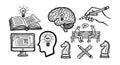 Hand drawing sketch of chess knights pencil ideas brain lightbulb teamwork discussion head profile open book computer screen ruler Royalty Free Stock Photo