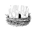 Hand drawing sketch. Cute cartoon bunnies in the nest. Easter bunny. Children s tale - Vector