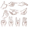 Hand drawing sketch man hands showing different gestures vector set Royalty Free Stock Photo