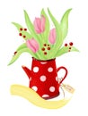 Sketch with markers bright color illustration cartoon children`s style pink tulips spring holiday vase red polka dot blueprint on Royalty Free Stock Photo