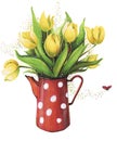 Hand drawing sketch markers watercolor yellow tulips in a red teapot polka dots home decor spring love mothers day