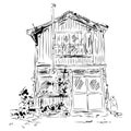 Hand drawing sketch old store building. Perfect print for tee, poster, card, sticker. Doodle vector illustration for decor and