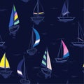 Hand drawing sketch Seamless summer sea pattern with sailing ships on navy blue background. Royalty Free Stock Photo