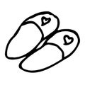 Hand drawing slippers with hearts. Doodle, minimal thing picture. For greeting cards,children coloring book and seasonal