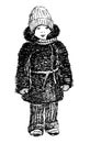 Hand drawing of small child warmly dressed in fur coat, knitted scarf, hat, pants for walk on cold winter day, vector illustration