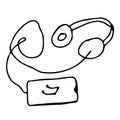 Hand drawing smart phone with headphones and cable.Listen to music. Simple logo,minimal.For greeting cards,children