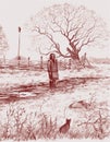 Hand drawing of spring village landscape with elderly peasant woman,kitten and trees on farm field by fence