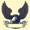 Hand drawing style of eagle grip the ribbon