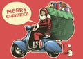 Hand drawing style of santa claus ride a scooter motorcycle