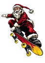 Hand drawing style of santa claus riding skateboard