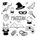 Hand drawing styles Magician items. Doodles magician