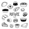 Hand drawing styles for puff and pie. Doodle bakery puff and pie