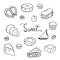 Hand drawing styles with sweet bakery. Doodle pastry cake and cookies.