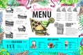 Hand drawing summer menu design with flamingo and tropic leaves. Restaurant menu