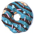 Hand drawing sweets donut with turquoise icing star decorations and drizzled with chocolate