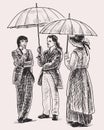 Hand drawing of three people in retro costumes standing under umbrellas and talking