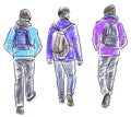 Hand drawing of three teen students walking together outdoors