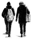 Hand drawing of two casual towns woman walking along street Royalty Free Stock Photo