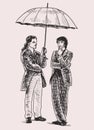 Hand drawing of two young men in retro costumes standing under umbrella and talking