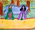 Hand drawing. Two young women in long old fashioned dresses seating on the bench in the park