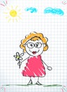 Hand drawing vector illustration of old woman in glasses and pink dress holding flower Royalty Free Stock Photo