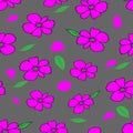 Hand drawing vector Illustration of pink flowers with green leaves and petals isolated on a gray background, Seamless pattern Royalty Free Stock Photo