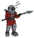 Old red diver with a harpoon