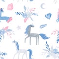 Hand drawing watercolor children's pattern with cute unicorn, flowers , diamonds