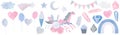 Hand drawing watercolor children's illustration set clipart with cute unicorn, flowers , diamonds