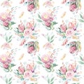 Hand drawing watercolor floral pattern with protea rose, leaves, branches and flowers. Bohemian seamless gold pink Royalty Free Stock Photo