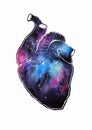 Hand drawing watercolor heart cosmic space ctyle