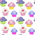 Hand drawing watercolor set of cupcakes isolated on white background