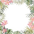 Hand drawing watercolor summer banner - plumeria, monstera, palm leaves. On white background with space for text. For