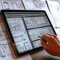 Hand drawing website design on a tablet UI UX design concept digital sketching Royalty Free Stock Photo