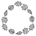 Hand drawing with a wreath of leaves of the trees. Coloring pages with a wreath for children and adults. Simple Monochrome floral