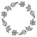 Hand drawing with a wreath of leaves of the trees. Rowan oak maple . Coloring pages with a wreath for children and adults. Simple