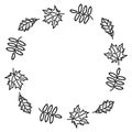 Hand drawing with a wreath of leaves of the trees. Rowan oak maple . Coloring pages with a wreath for children and adults. Simple