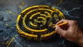 Hand drawing yellow maze on dark surface symbolizes problem solving, creativity, innovation, business strategy Royalty Free Stock Photo