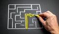 Hand drawing yellow path through chalk maze representing problem solving clarity direction innovation and overcoming Royalty Free Stock Photo