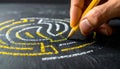 Hand drawing yellow path in labyrinth symbolizing problem solving and finding right direction Royalty Free Stock Photo